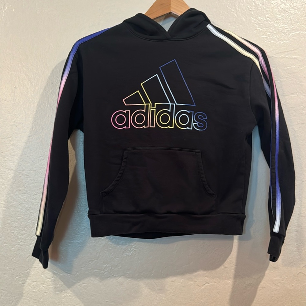 Adidas Girls Size 10/12 Pullover Hoodie Sweatshirt Black Rainbow Stripes lg logo